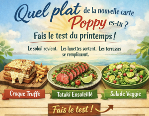 Illustration du quiz “Quel plat de la nouvelle carte Poppy es-tu ?” avec croque truffé, tataki de thon et salade veggie
